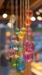 Colorful glass wind chimes Japanese toy store, soft light delicate close-up, transparent spheres with painted flowers, traditional decoration cheerful atmosphere