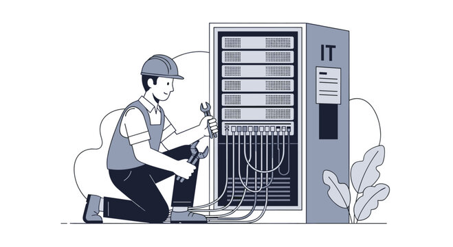 IT technician skillfully maintaining server rack equipment with tools, ensuring seamless network operations and data security in a modern tech environment