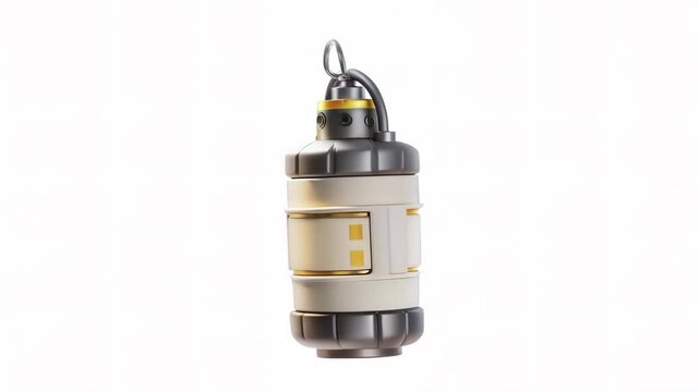 A 3D model of a stylized grenade with a yellow and gray design, featuring a pull pin and a smooth finish.