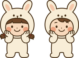 Cute Kids in Bunny Costume | White Rabbit Onesie | Cartoon Children Vector Illustration