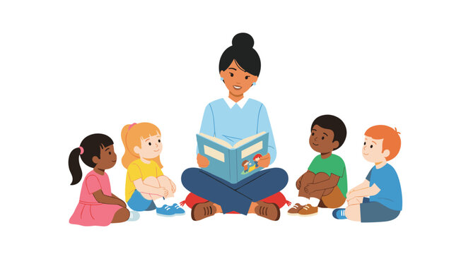 Inspiring educator sharing captivating stories with diverse young learners in a bright, cheerful classroom setting