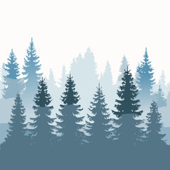 Obraz premium A gradient of blue pine trees in a foggy forest