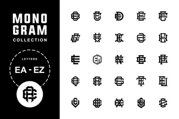 Monogram alphabet collection letters EA until EZ for clothing, apparel, football, baseball, basketball with interlock modern, sport, classic style