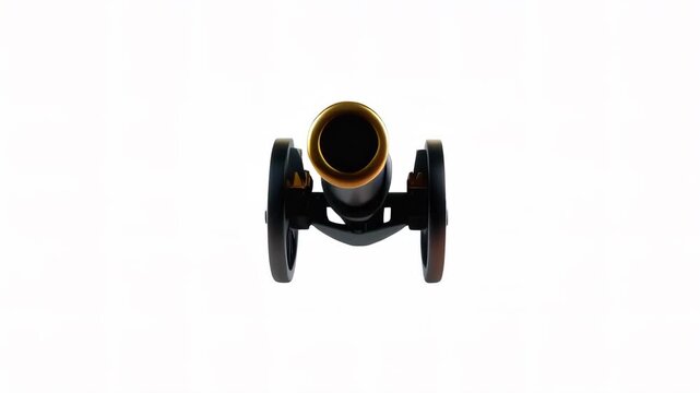 A vintage cannon displayed on a white background, featuring a golden muzzle and wooden wheels for a classic look.