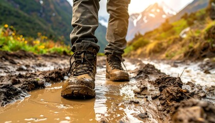 Hiking boots in muddy puddle on mountain trail