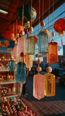 Colorful glass wind chimes Japanese toy store, soft light delicate close-up, transparent spheres with painted flowers, traditional decoration cheerful atmosphere