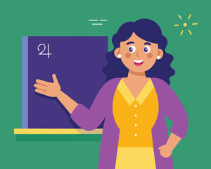 Smiling female teacher pointing to a blackboard with a symbol on a green background.