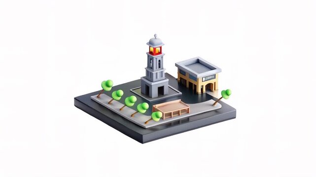 A stylized 3D model of a city square featuring a clock tower, trees, and a building.