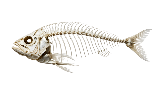 A Realistic Fish Skeleton Isolated on transparent Background a Detailed Marine Bone Structure Concept, Anatomy, and Biology Design Element