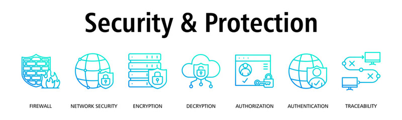 Security & Protection banner web icon vector illustration concept with icon of firewall, network security, encryption, decryption, authorization, authentication, traceability

