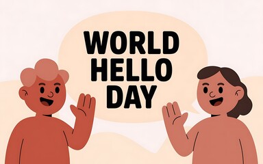 Two people waving hello celebrating world hello day with text