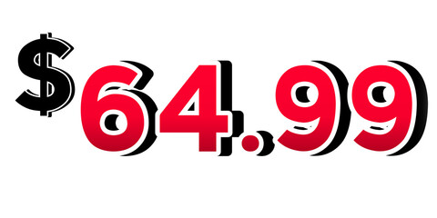 Red price tag $64.99 dollars sign symbol on transparent background. Perfect for advertising, sale banners, product promotion, discount labels, and e-commerce graphics design elements.