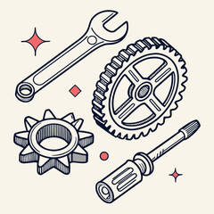 Stylized hand drawn illustration of mechanical gears a wrench and a screwdriver with decorative geometric shapes and sparkling elements