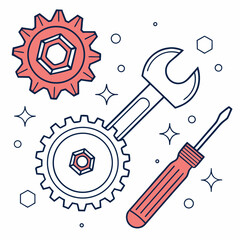 A flat design illustration featuring a wrench screwdriver and gears with a coral and navy blue color scheme on a white background