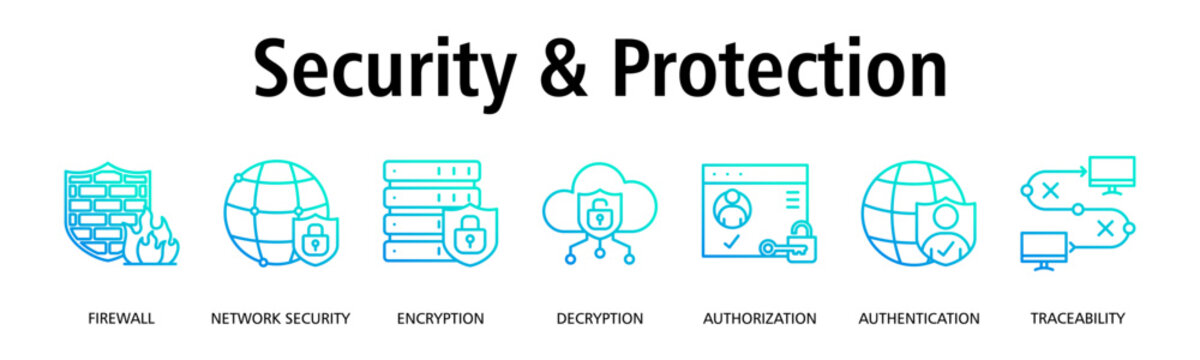 Security & Protection banner web icon vector illustration concept with icon of firewall, network security, encryption, decryption, authorization, authentication, traceability
