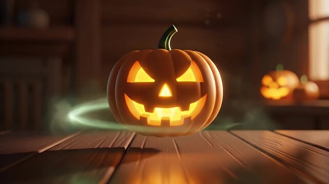 Mystical Halloween jack-o'-lantern with a sinister grin levitating with a magical green glow over a rustic wooden table - Powered by Adobe