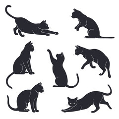 Collection of seven black cat silhouettes in various playful and resting poses against a clean white background