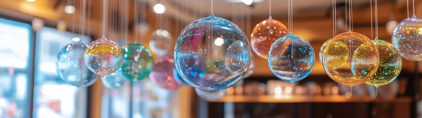 Colorful glass wind chimes Japanese toy store, soft light delicate close-up, transparent spheres with painted flowers, traditional decoration cheerful atmosphere