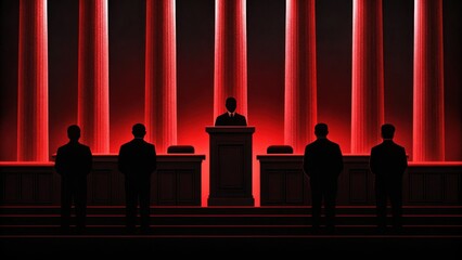 Silhouettes judges against backdrop concept. Silhouetted figures at a podium, dramatic red lighting in a solemn setting.