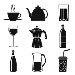 Fototapeta premium Collection of nine black silhouette icons representing various beverages and drinkware including a steaming coffee cup teapot glass wine glass moka pot bottles pitcher and a to go cup with straw