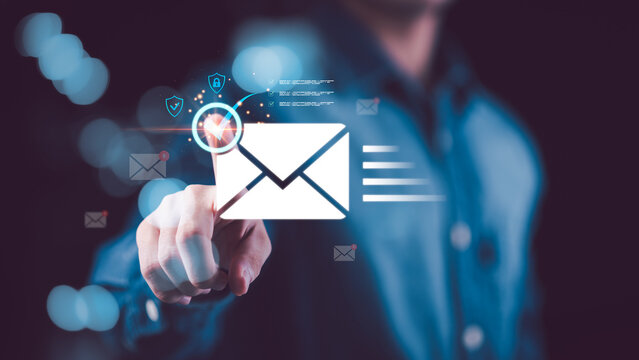 Modern email authentication interface showing envelope with check mark, cybersecurity, and verified messaging. Perfect for internet communication, online services, and data protection design.