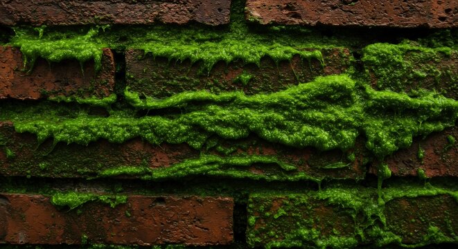 Brick wall covered in thick green moss