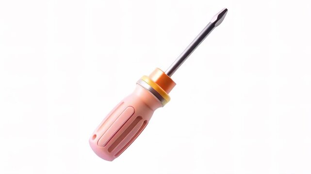 A close-up of a pink screwdriver with a bright orange handle and a shiny metal tip against a white background.