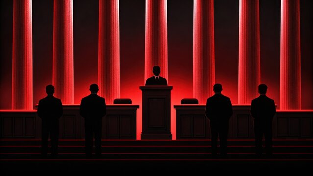Silhouettes judges against backdrop concept. Silhouetted figures at a podium, dramatic red lighting in a solemn setting.