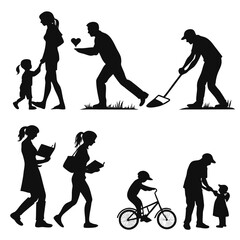 Diverse silhouettes depicting family activities and daily life including gardening reading cycling and nurturing young children
