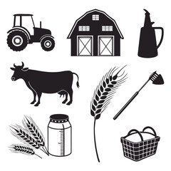 Naklejka premium Collection of farm icons featuring a tractor barn cow wheat milk jug oil bottle hoe and basket illustrating agriculture and rural life