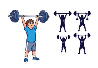 Obraz premium Vector illustration of young boy lifting weights with silhouette figures