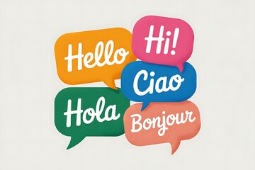 Speech bubbles with greetings in different languages hello hola bonjour ciao hi