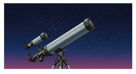 Fototapeta premium Telescope points to stars against gradient twilight sky.