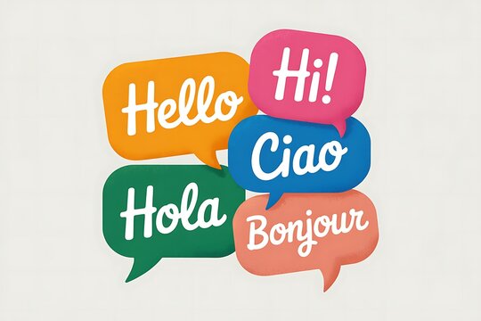 Speech bubbles with greetings in different languages hello hola bonjour ciao hi