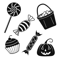 A collection of black and white silhouette icons representing halloween treats including a lollipop wrapped candies a cupcake a candy bucket and a jack o lantern