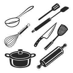 Collection of hand drawn black silhouette kitchen utensils including a ladle whisk rolling pin knife spatula and pot on white background