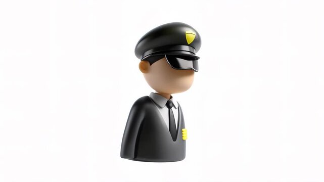 A stylized 3D figure of a police officer in profile view, wearing a cap and sunglasses against a plain background.