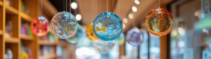 Colorful glass wind chimes Japanese toy store, soft light delicate close-up, transparent spheres with painted flowers, traditional decoration cheerful atmosphere