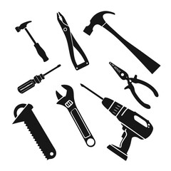 A collection of black silhouette illustrations of various hand tools including hammers pliers screwdrivers a wrench a saw and a drill on a white background