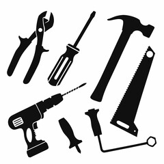 Collection of black silhouettes of various hand tools including a drill pliers hammer saw screwdrivers and a wrench on a white background