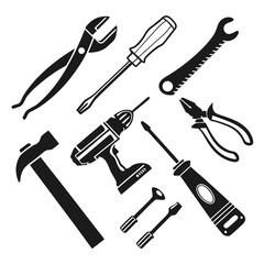 Collection of black silhouette hand tools including a hammer screwdrivers pliers a saw and a power drill on a white background