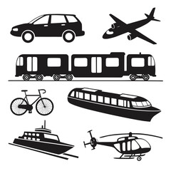 Collection of silhouetted transportation icons including a car airplane train bicycle ferry boat hydrofoil and helicopter