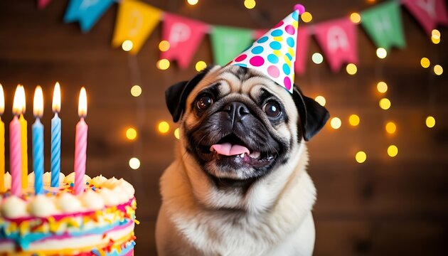 Pug dog wearing a colorful polka dot party hat, celebrating its birthday beside a festive cake with lit candles and banner