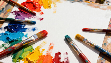 Fototapeta premium Paintbrushes and colorful paint on a palette surrounding a blank canvas