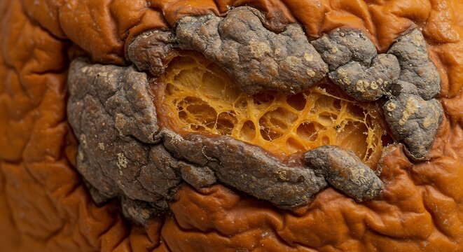 Decaying pumpkin displays shriveled orange rind and moldy cracked sections exposing the inner spongy structure