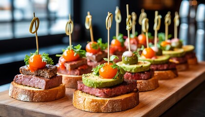 Savory small bites featuring toast, meat, avocado, and cherry tomatoes, arranged on a rustic wooden board