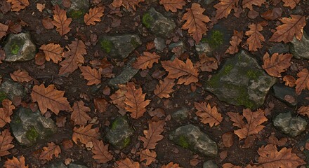 Obraz premium Forest floor featuring fallen oak leaves stones and moss