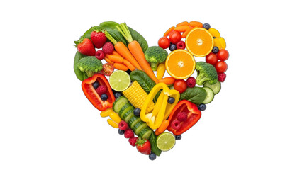 Heart made from colorful fresh fruits on white background representing health and love