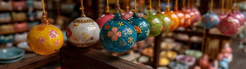 Colorful glass wind chimes Japanese toy store, soft light delicate close-up, transparent spheres with painted flowers, traditional decoration cheerful atmosphere