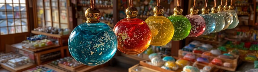 Colorful glass wind chimes Japanese toy store, soft light delicate close-up, transparent spheres with painted flowers, traditional decoration cheerful atmosphere